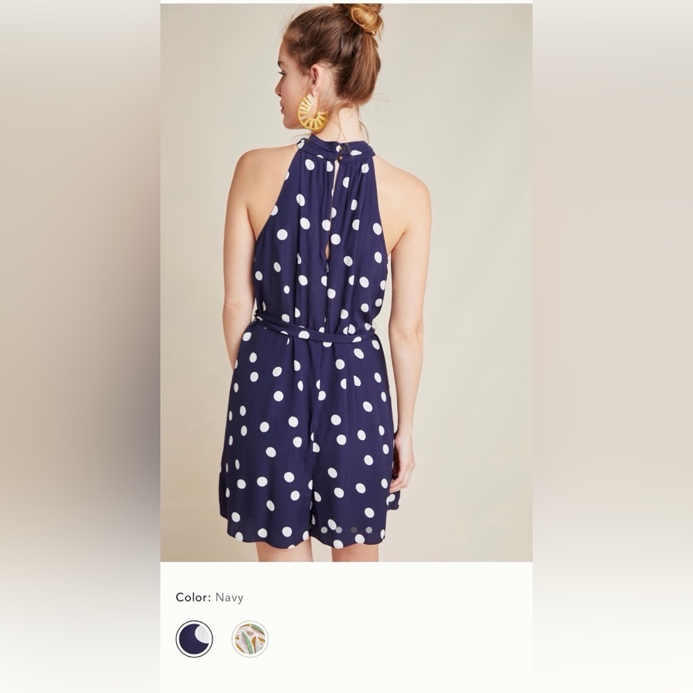 Large Anthropologie Maddie halter romper Navy blue White Polka Dot shorts - Picture 9 of 16